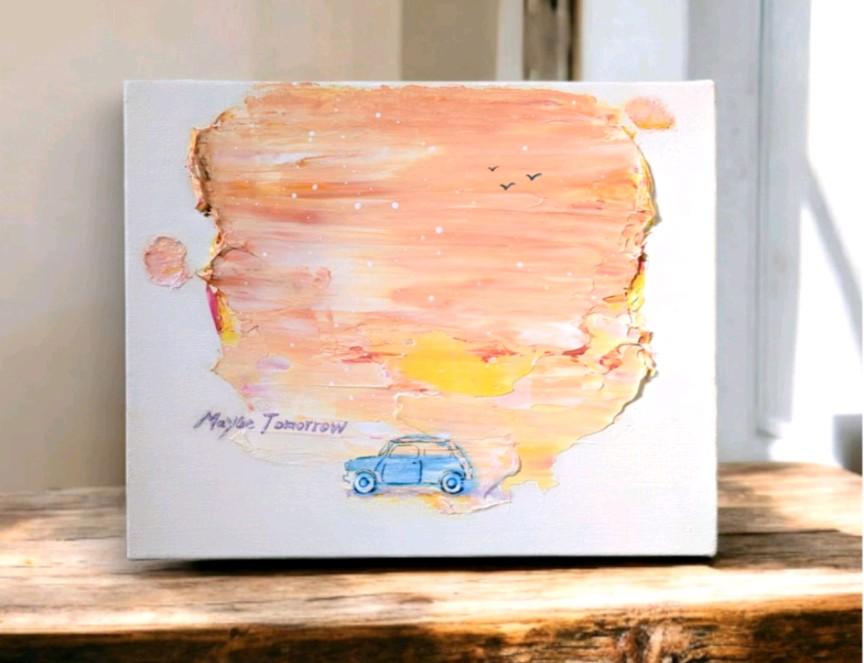 原画『MaybeTomorrow 』夕焼け ミニクーパー テクスチャー アート 希望 癒し 絵 絵画 インテリア 風景画1枚目の画像